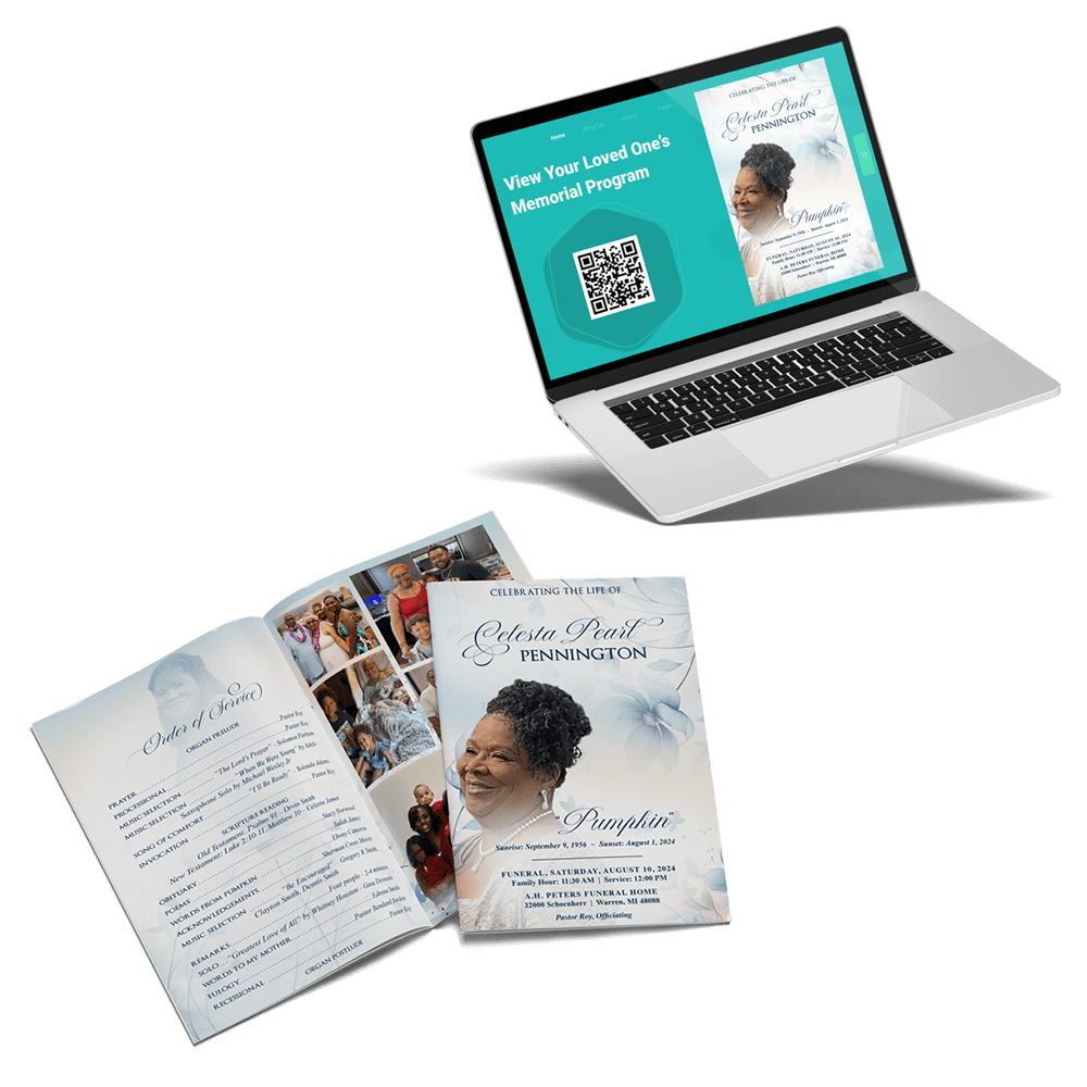 Custom memorial booklet and online viewing option displayed on a laptop."