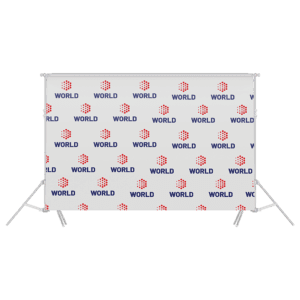 Branded step-and-repeat background with 'WORLD' logo pattern.